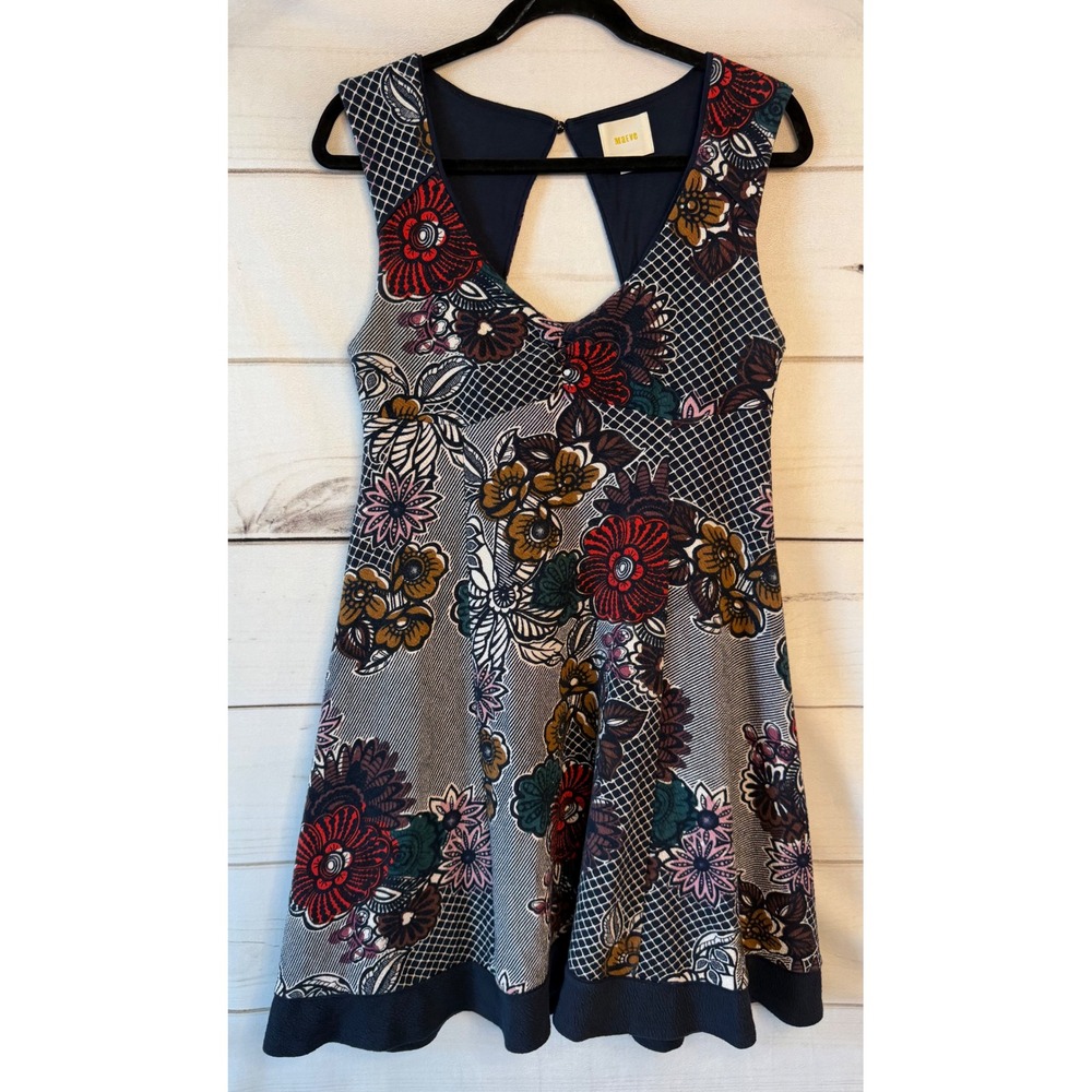 Maeve Anthropologie Floral Cutout Back Fit Flare Dress Navy Multicolor Medium